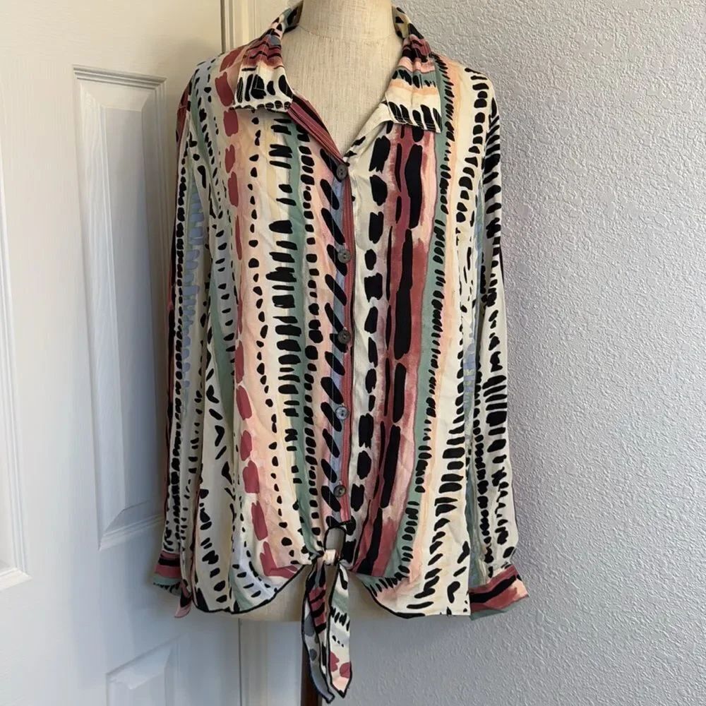 John Mark Art to wear button up tie front paint blouse
